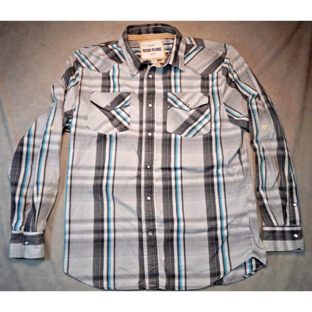 Ditch Plains Mens XL‎ Western Cowboy Plaid Pearl Snap Roll Tab Sleeve Shirt